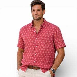 Peter Millar 100% Linen Short Sleeve Button Down Shirt Men’s Large Red Print